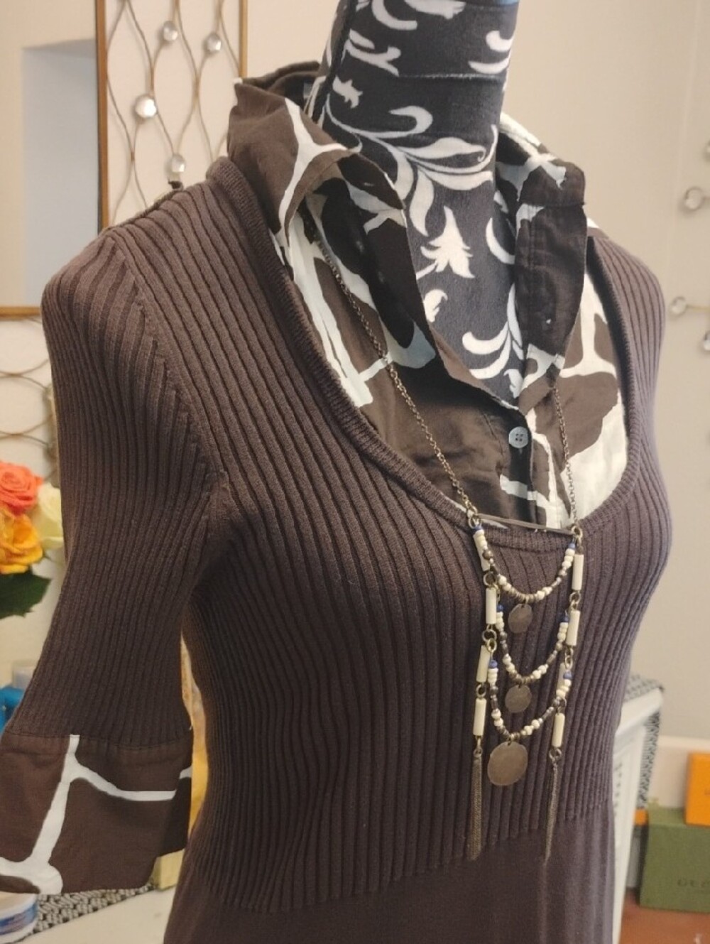 Tory Burch Brown Layered Knit Collar Dress with Patterned Trim - Picture 3 of 6